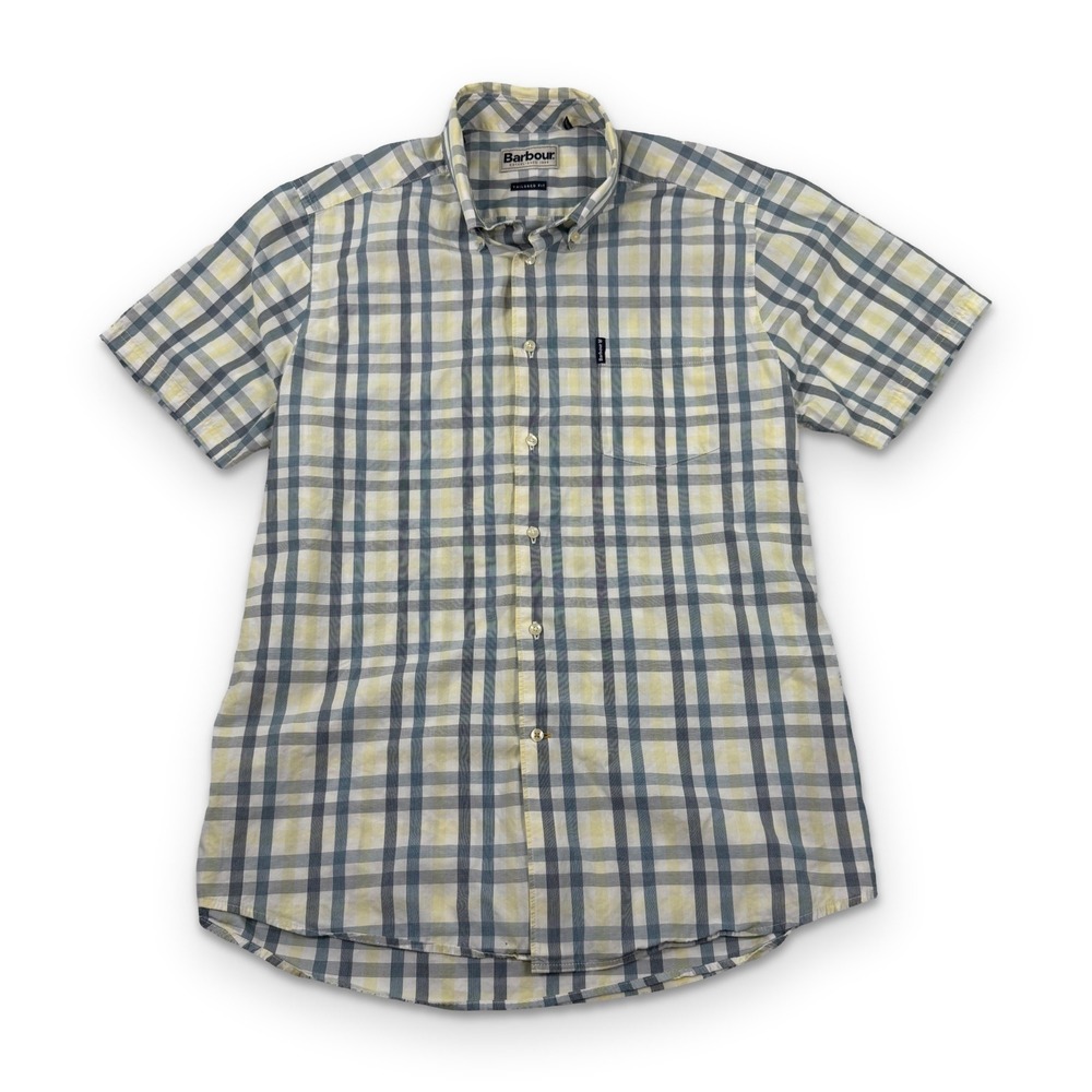 Barbour Button Down Tattersall‎ Shirt Size M Yellow Blue Plaid S/S Tailored Fit